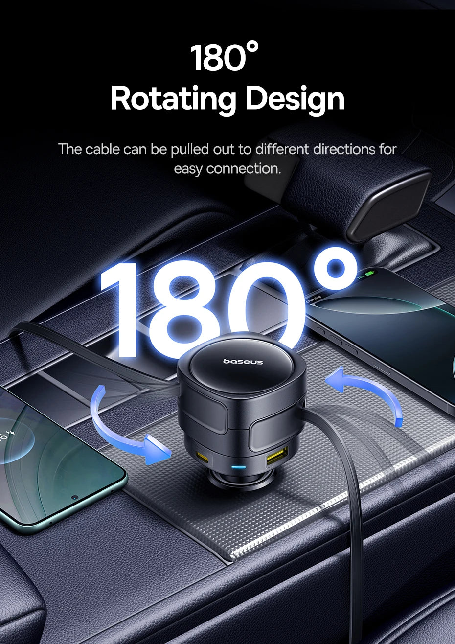 90W Fast Car Charger with Dual Retractable Cables