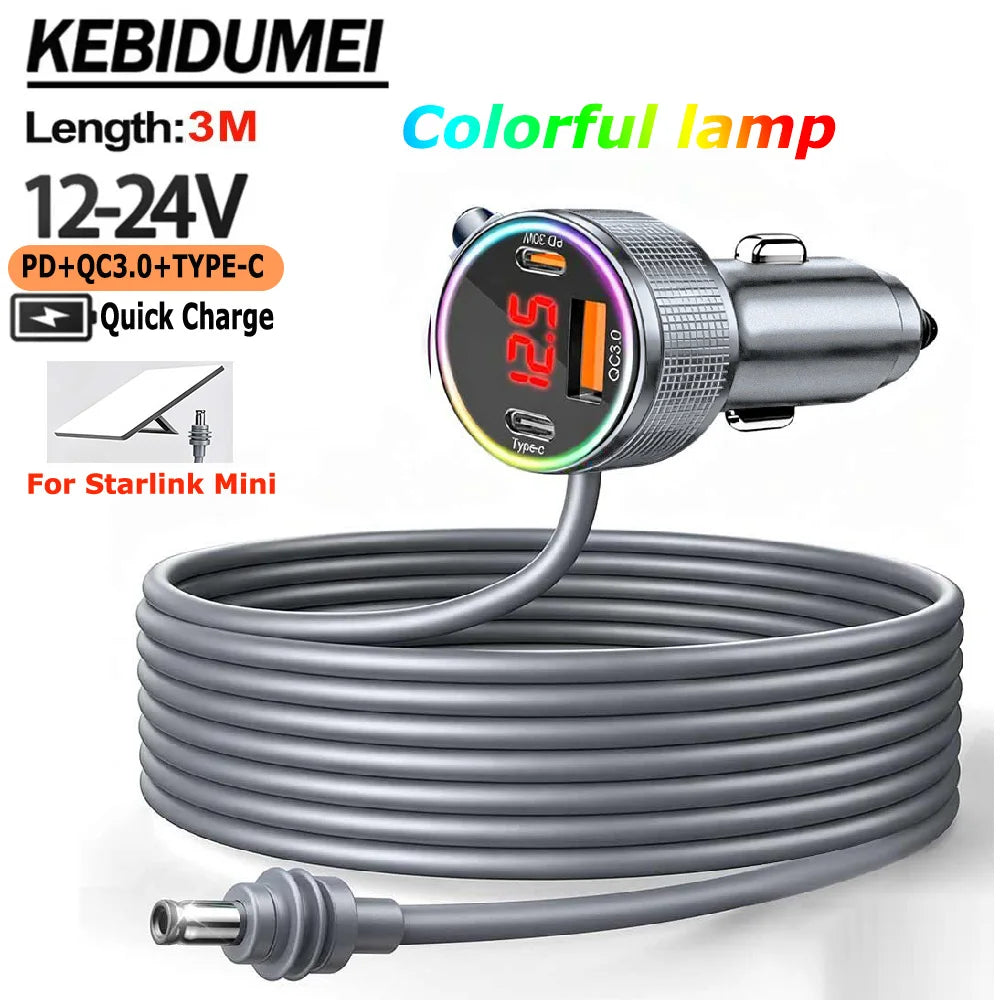 3M 12V 24V Car Power Adapter for Starlink Mini with USB PD QC Charger