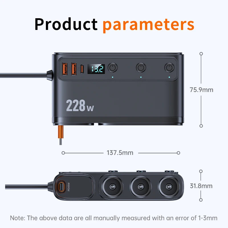 228W 9 Port Car Cigarette Lighter Splitter with Retractable PD Cable
