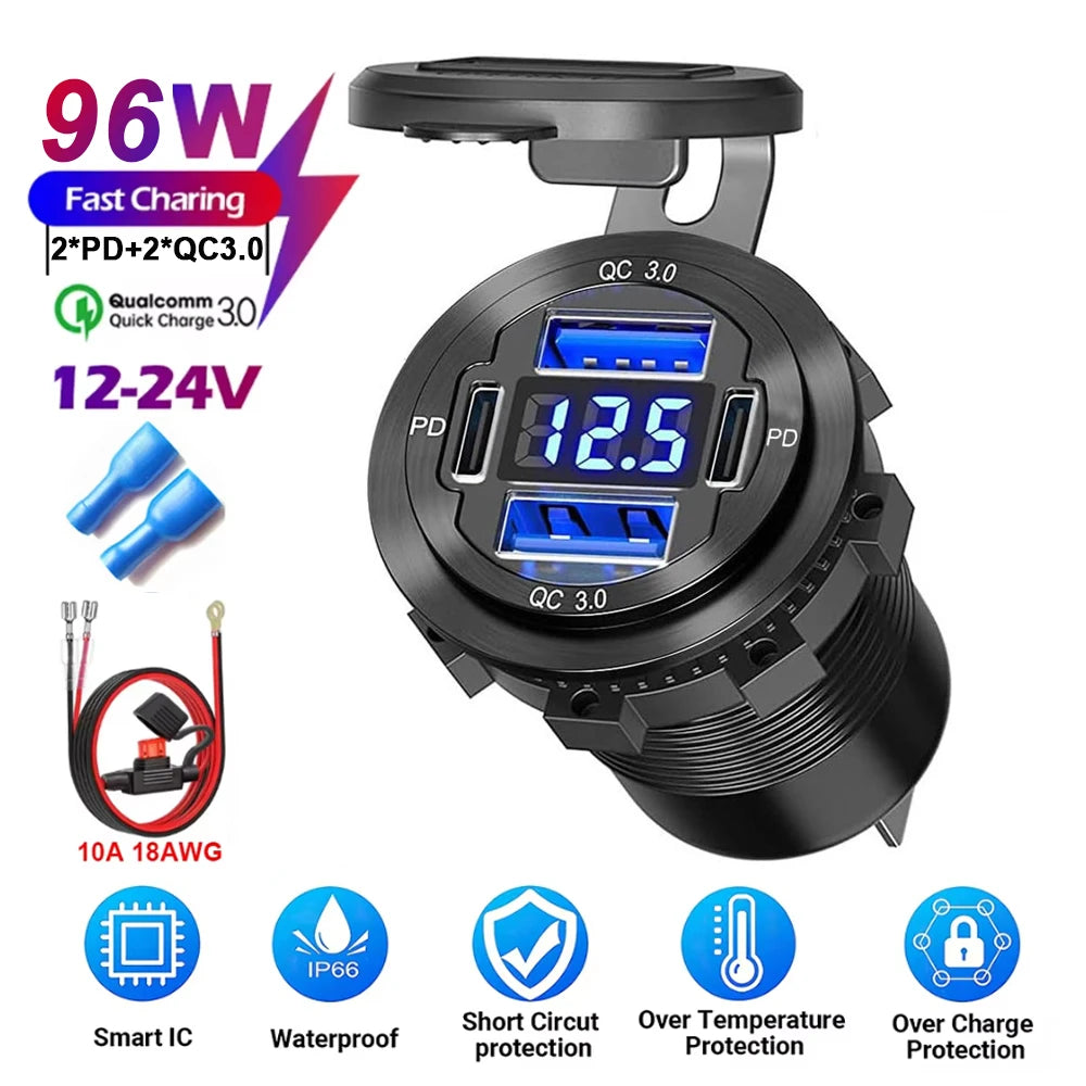 83W 4 Port USB and USB-C Fast Car Charger Socket for 12V 24V Vehicles