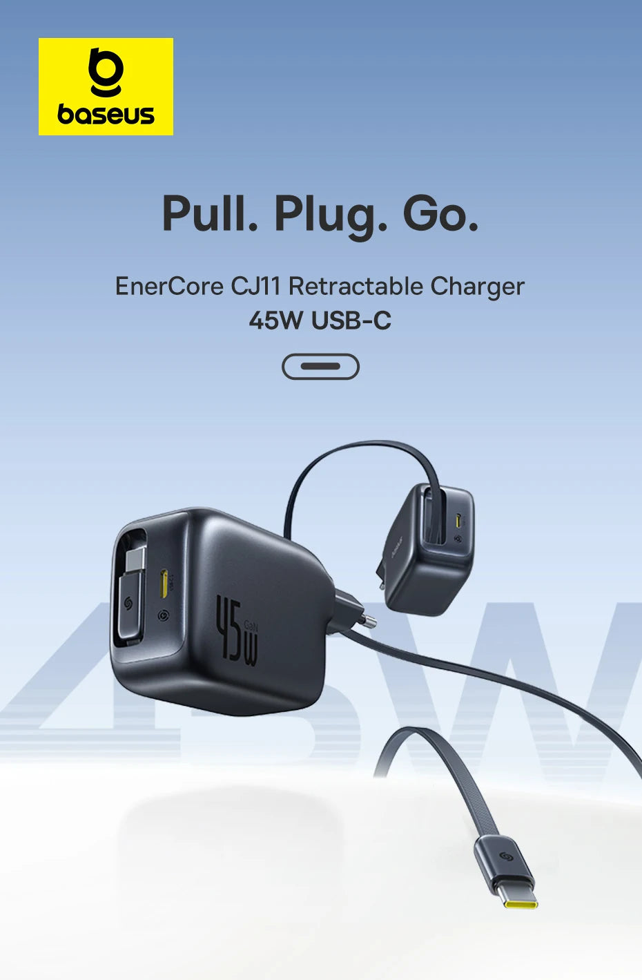 67W GaN Fast Charger with Retractable USB-C Cable for Laptops and Phones