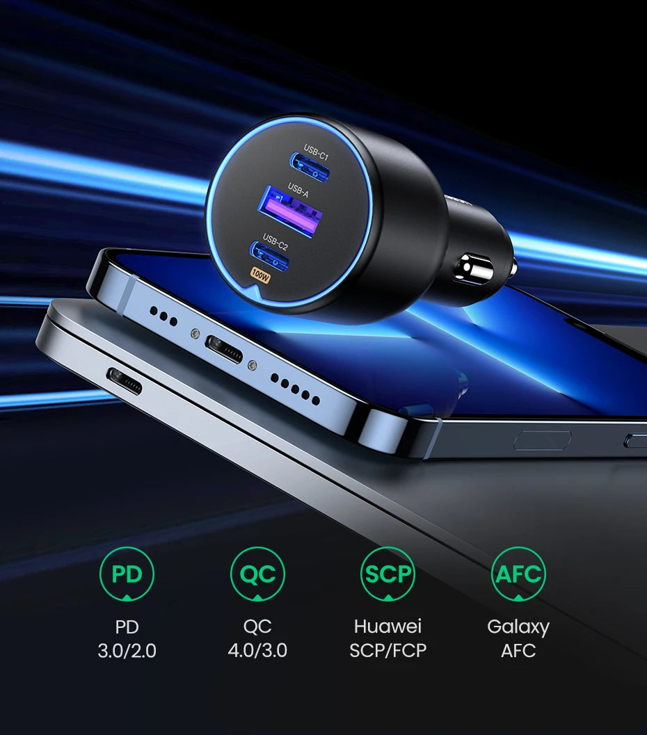 130W Triple Port Fast Car Charger for Laptops and Smartphones
