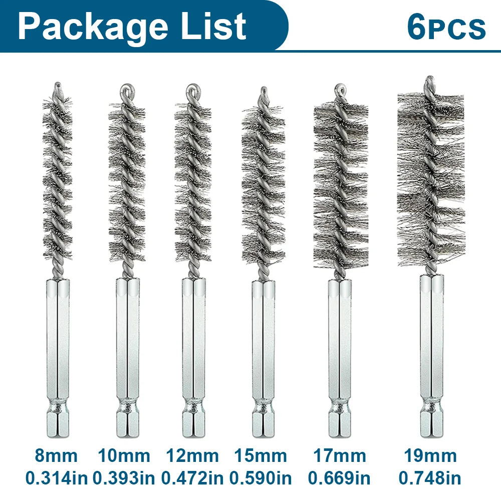 Stainless Steel Bore Cleaning Brush Set with 1/4" Hex Shank - 11