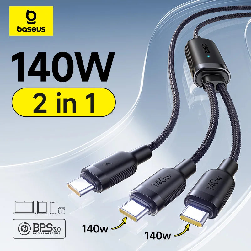 140W 2-in-1 USB-C Fast Charging Data Cable for Laptops and Tablets