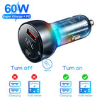 60W Dual Port USB Car Charger with PD QC3.0 Voltmeter and Ambient Light