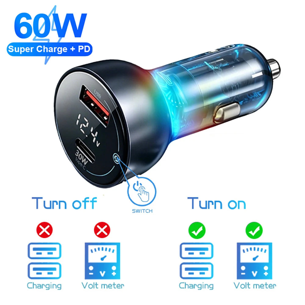 60W Dual Port USB Car Charger with PD QC3.0 Voltmeter and Ambient Light