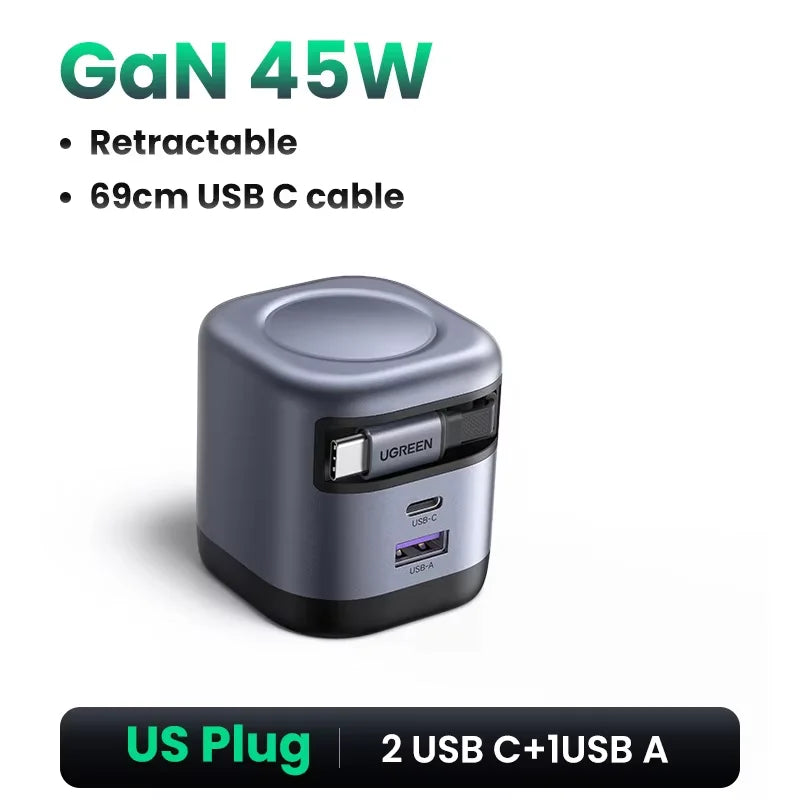 45W GaN Fast Wall Charger with Retractable USB-C Cable