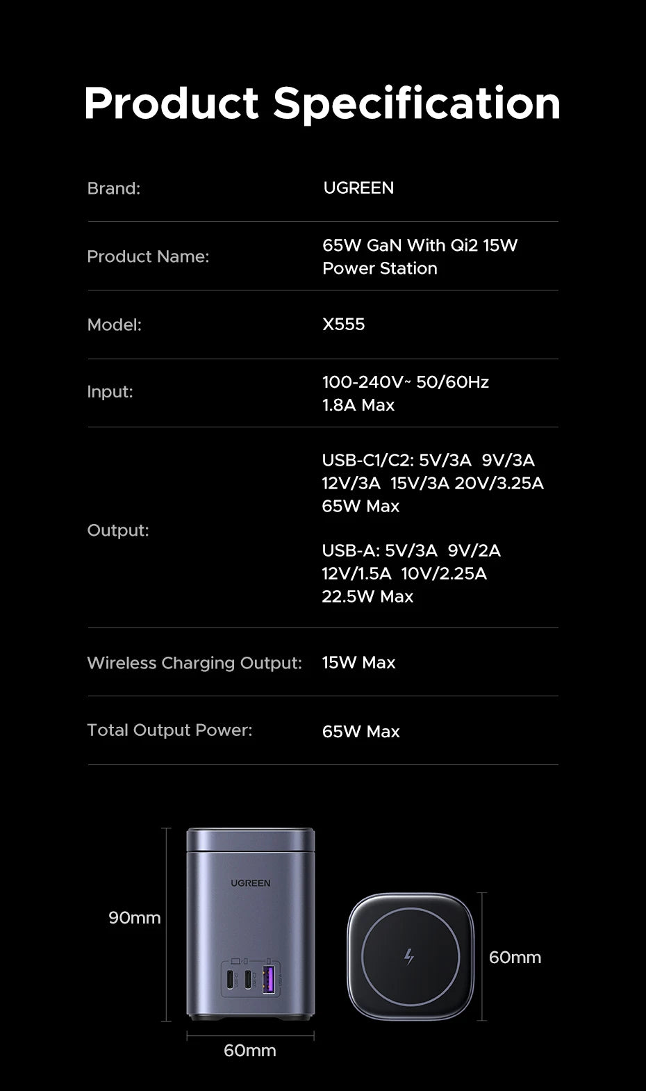 65W Desktop Charger with 15W Qi2 Magnetic Wireless Charging Stand - 25