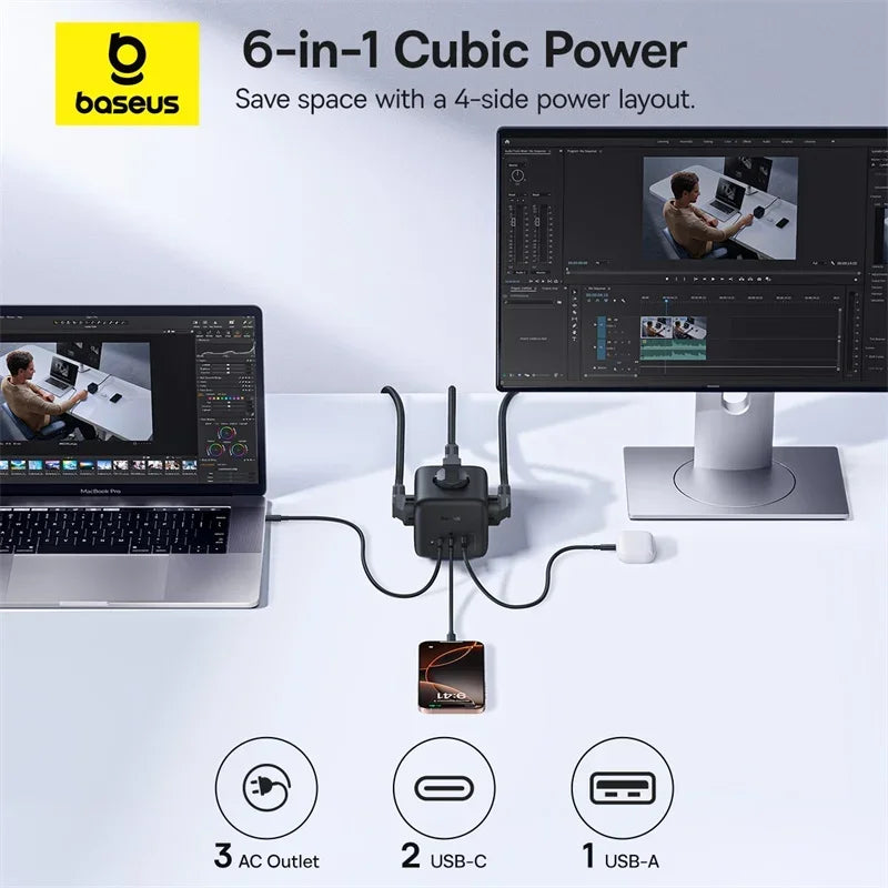 67W GaN Fast Charger Power Strip with 3 AC Outlets and USB Ports