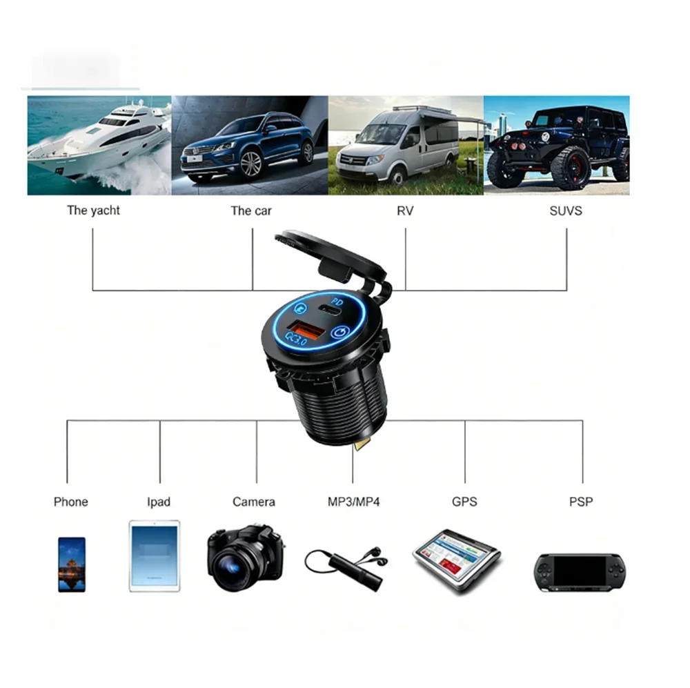 Dual USB Type C Quick Charger Socket PD30W QC3.0 for 12V 24V Vehicles