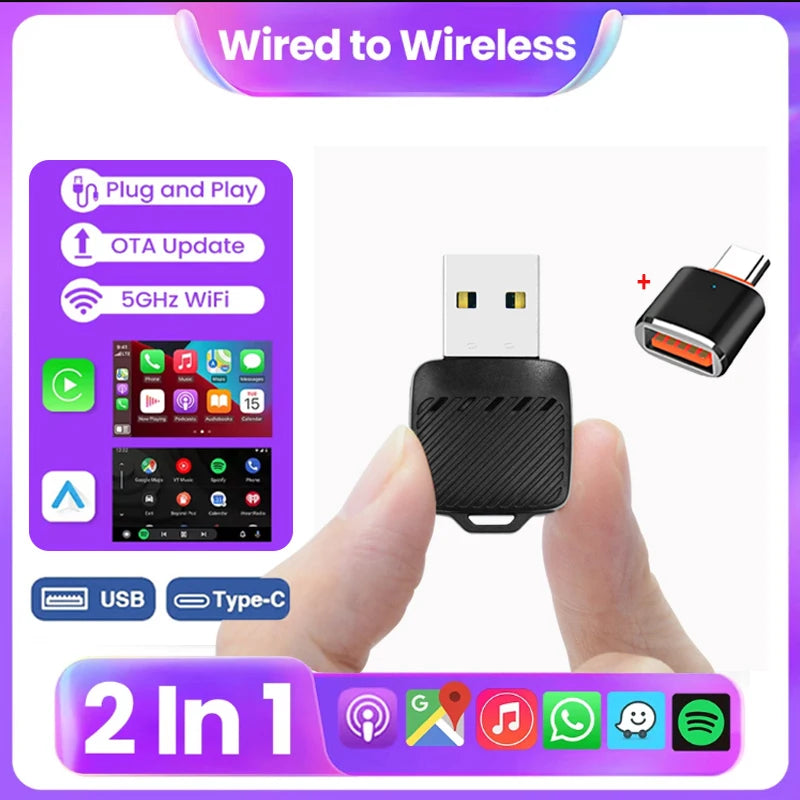 2-in-1 Wired to Wireless CarPlay and Android Auto Adapter Dongle