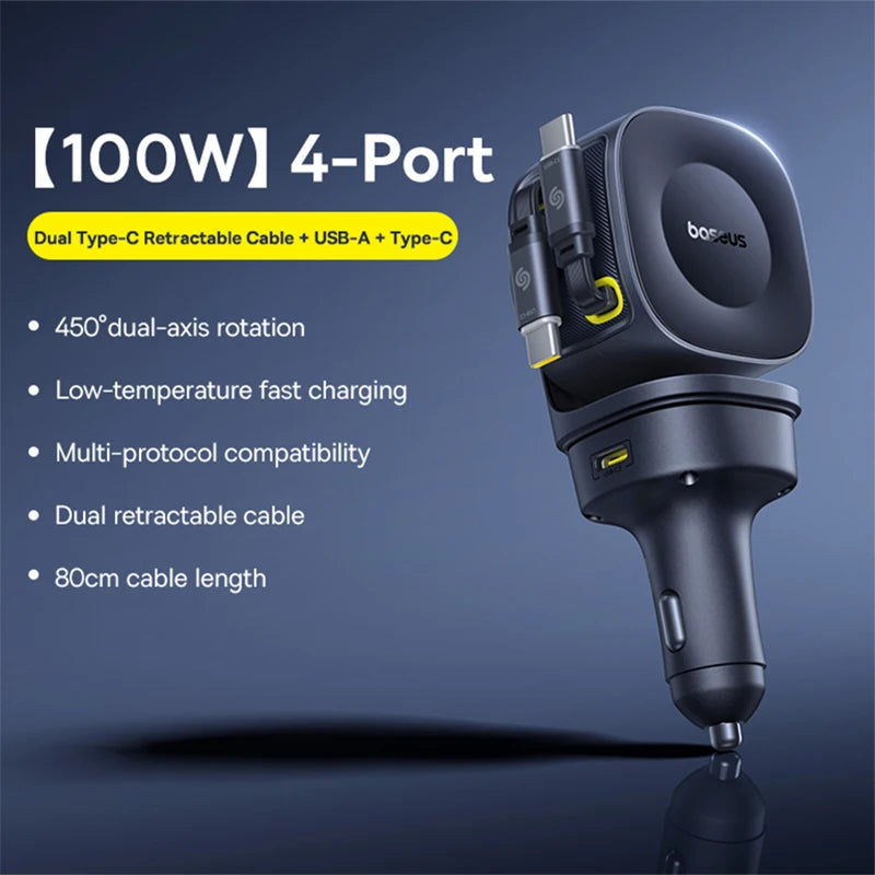 100W Fast Charging 4-Port Retractable Car Charger