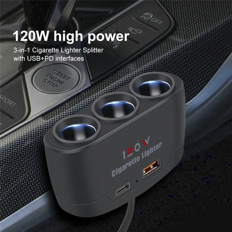 120W 3-Way Car Cigarette Lighter Splitter with USB Fast Charging