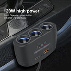 120W 3-Way Car Cigarette Lighter Splitter with USB Fast Charging