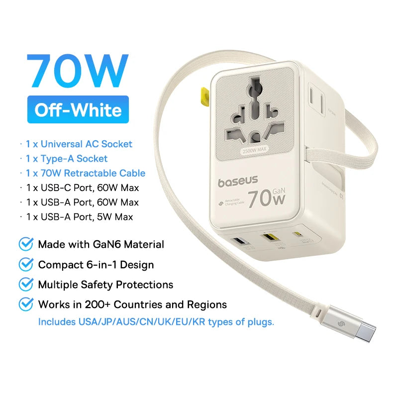 6-in-1 Universal Travel Adapter with 45W Fast Charging and Cable