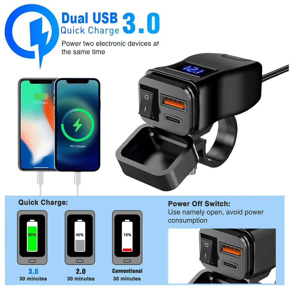 Motorcycle 100W Bidirectional USB Charger with Voltmeter and Switch