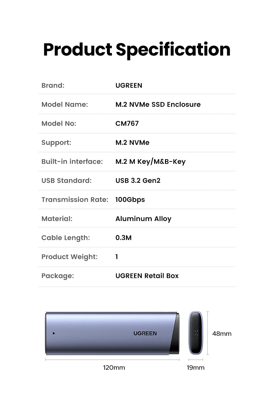 Dual Protocol M.2 NVMe and SATA SSD Enclosure 10Gbps USB-C Adapter - 20