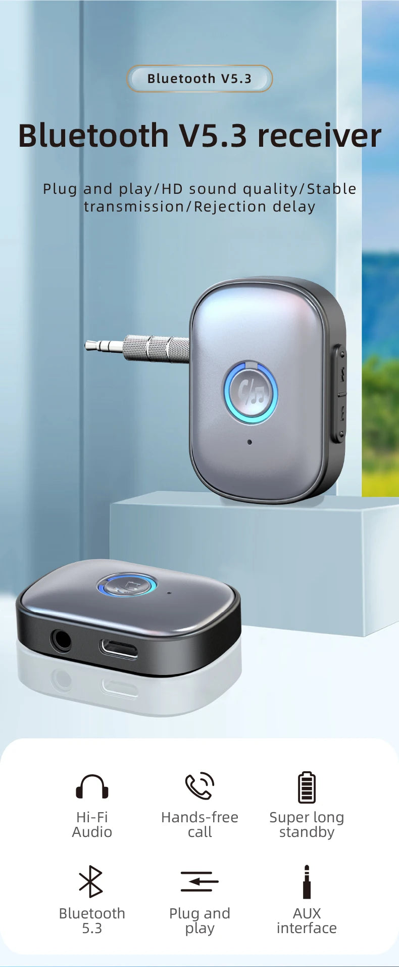 Bluetooth 5.3 AUX Audio Receiver 3.5mm Wireless Stereo Adapter with Mic
