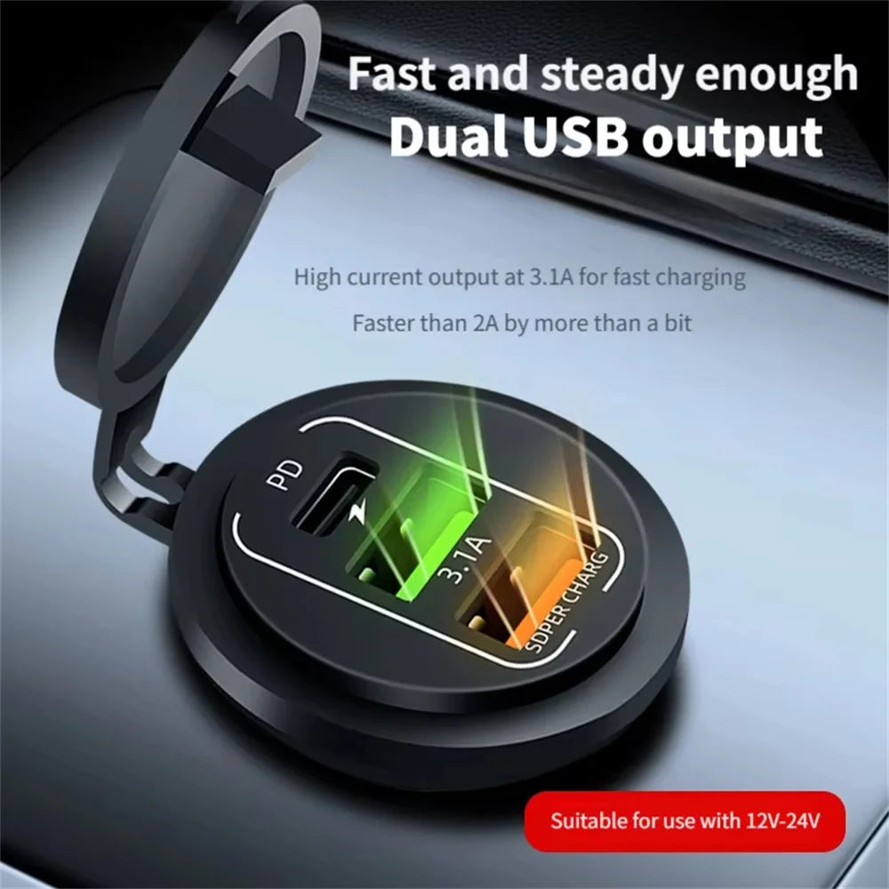 83W 4 Port USB and USB-C Fast Car Charger Socket for 12V 24V Vehicles