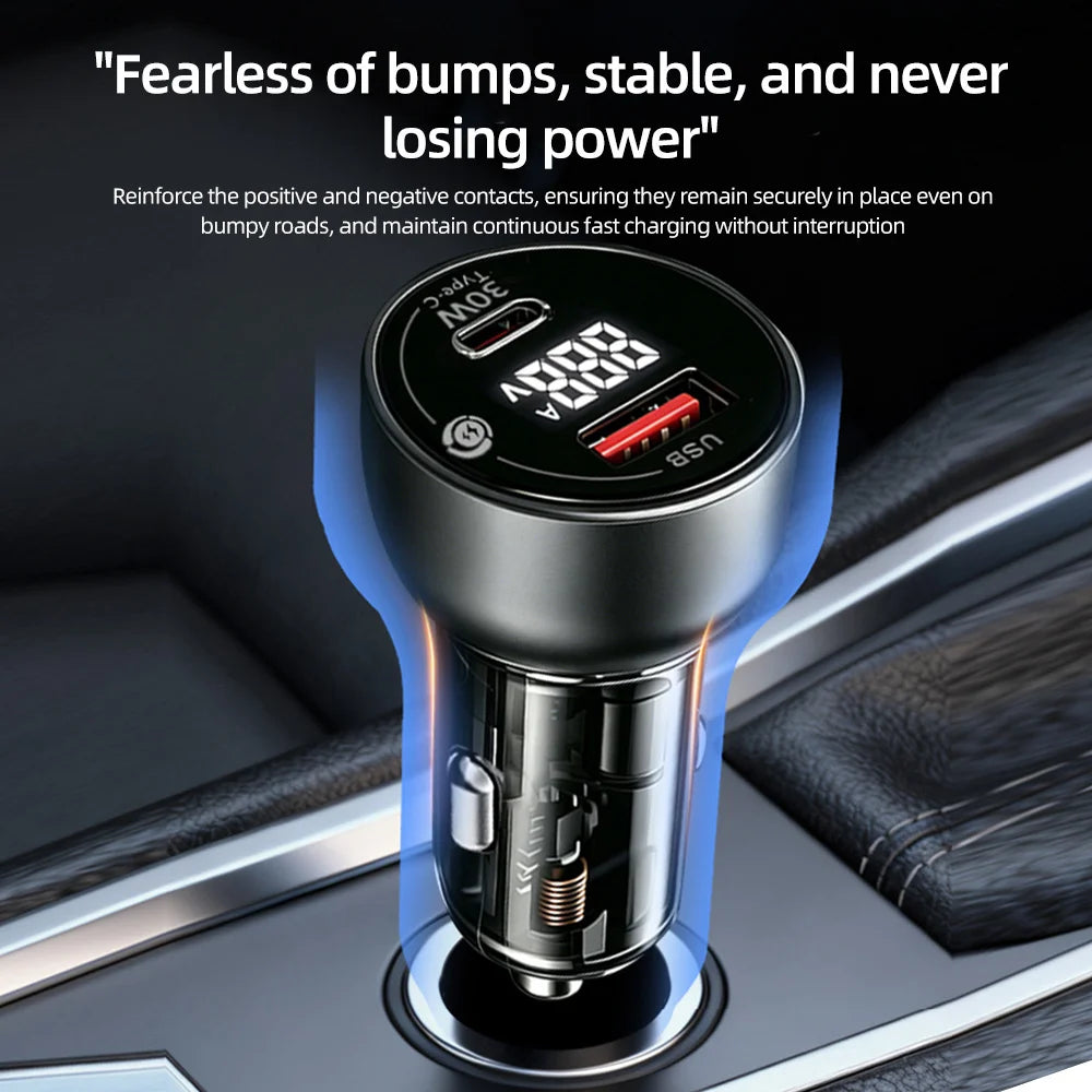 60W Dual Port USB Car Charger with PD QC3.0 Voltmeter and Ambient Light