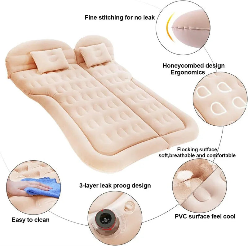 Inflatable Car Back Seat Mattress Bed with Pillows and Storage Bag