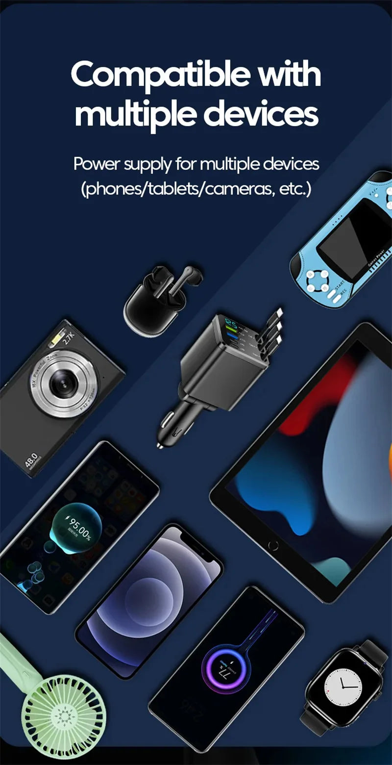 7-in-1 Fast Car Charger with Retractable Cables and Digital Voltmeter