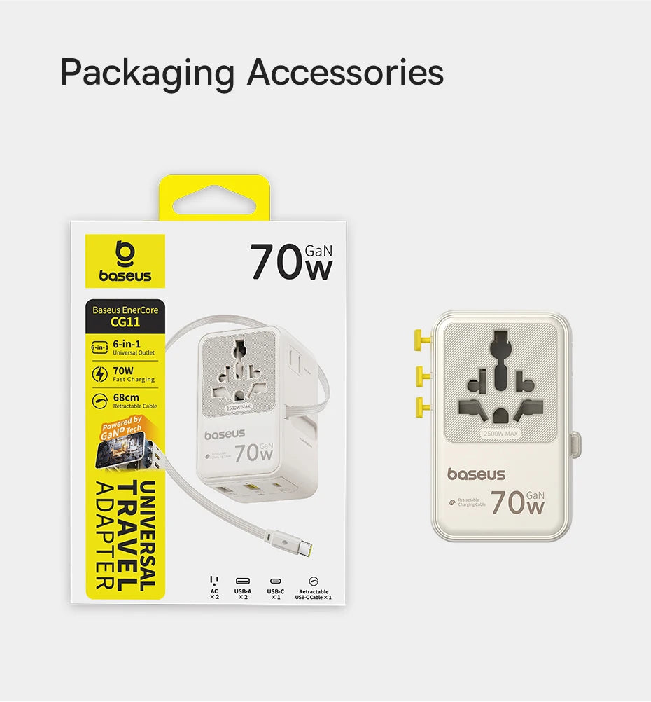 6-in-1 Universal Travel Adapter with 45W Fast Charging and Cable