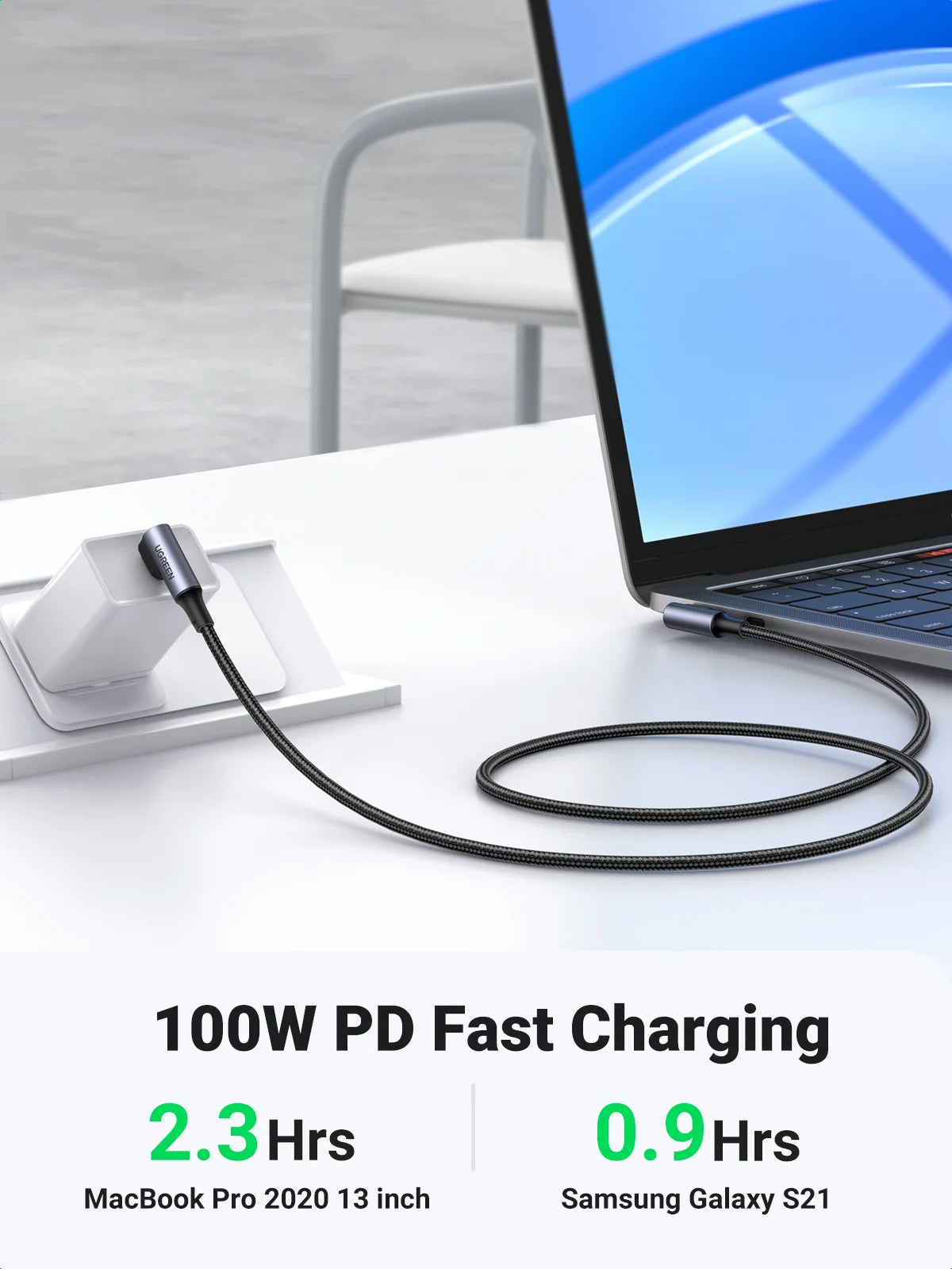 90 Degree Right Angle USB-C Fast Charging & Data Sync Cable - 3