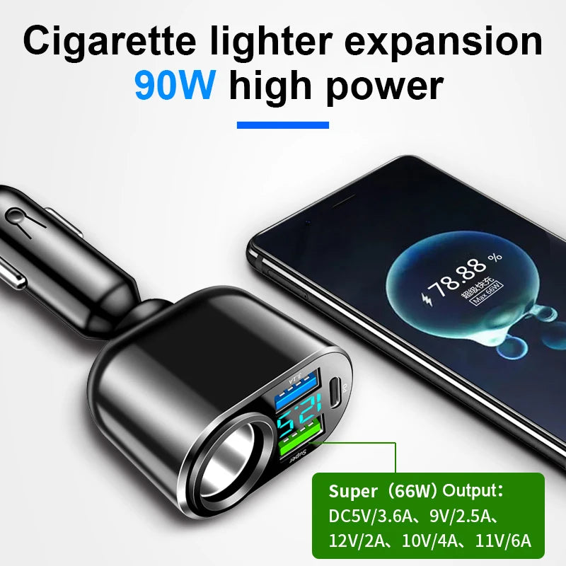 120W 4-in-1 Fast Car Charger with Dual USB and Type-C
