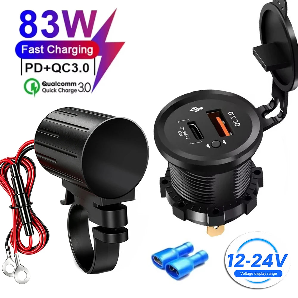 83W Motorcycle Handlebar USB Fast Charger with Voltmeter