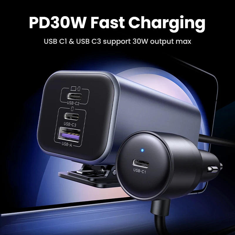 150W Fast Car Charger with 4-Port USB Extension for Laptops and Phones