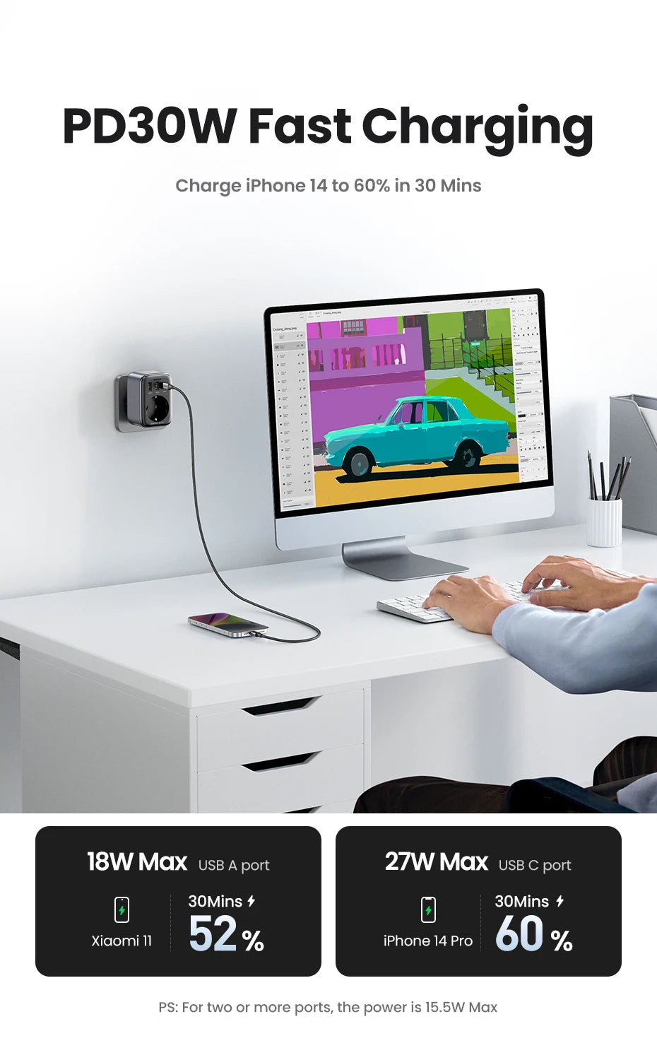 30W GaN Fast Charger with Built-in AC Wall Socket - 11