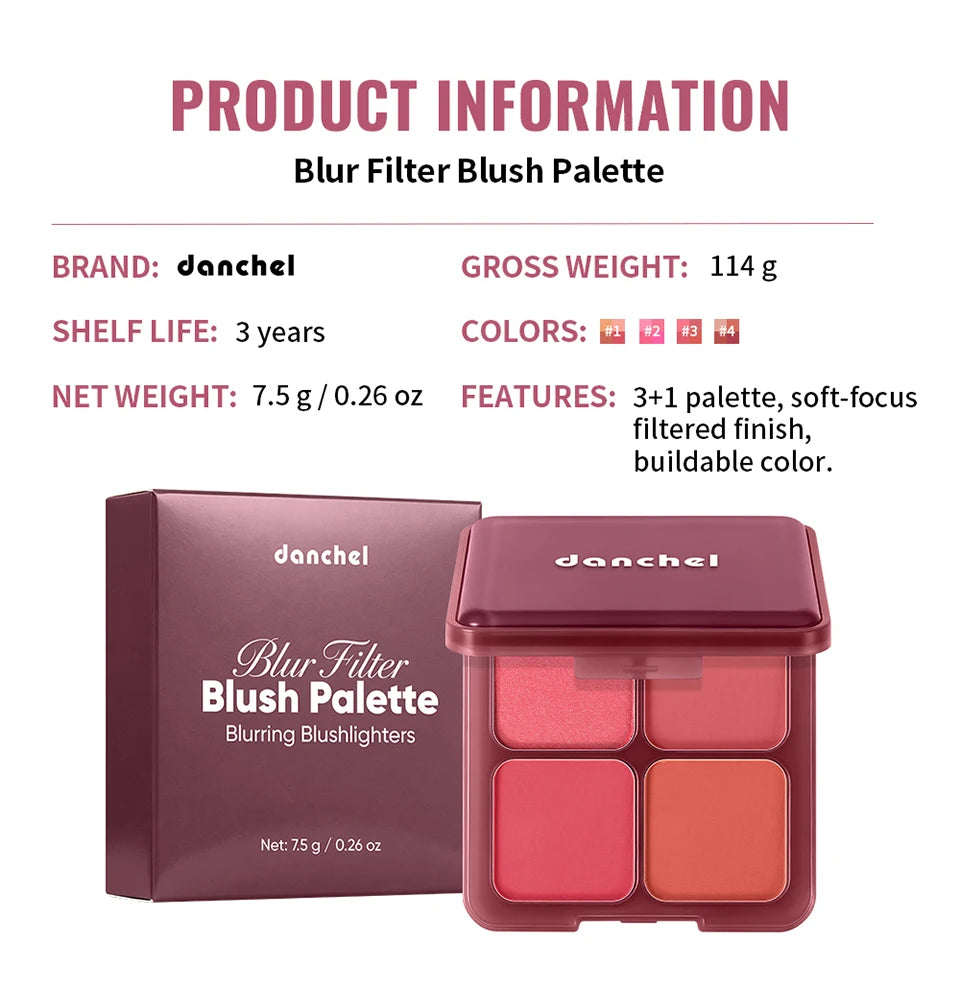 4-Color Matte Blush Palette with Makeup Brush