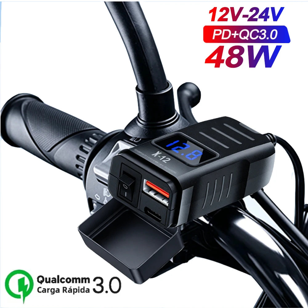 Motorcycle Handlebar USB Type C Charger with Voltmeter and Power Switch