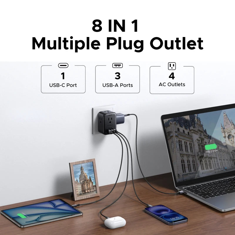 20W Outlet Extender with 4 AC Outlets and 4 USB Charging Ports