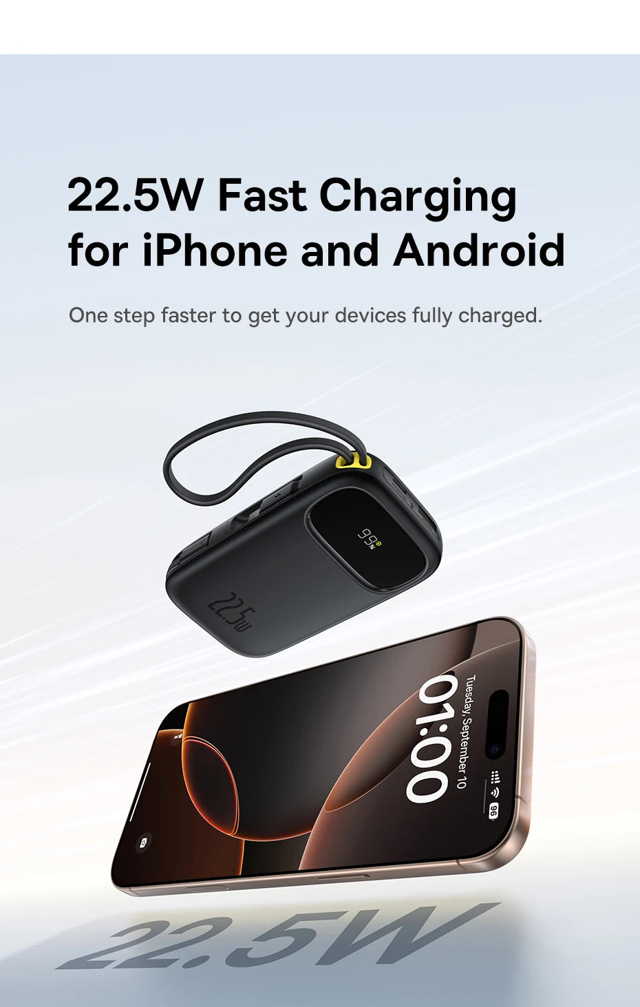 22.5W Fast Charging Power Bank with Built-in Cables
