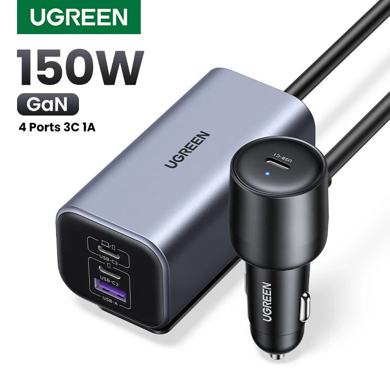 150W Fast Car Charger with 4-Port USB Extension for Laptops and Phones - 1