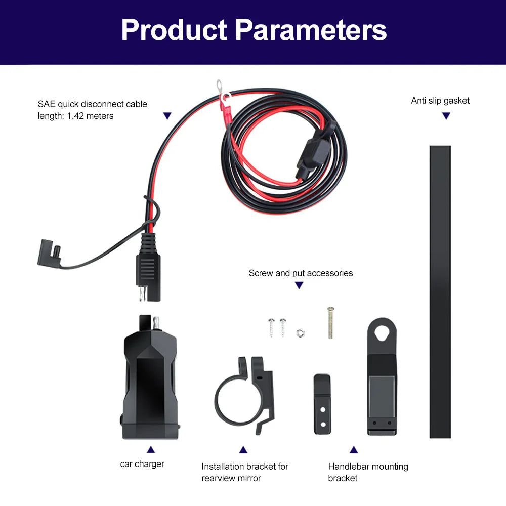 48W Dual USB-C & USB-A Motorcycle Phone Charger with Voltmeter - 15