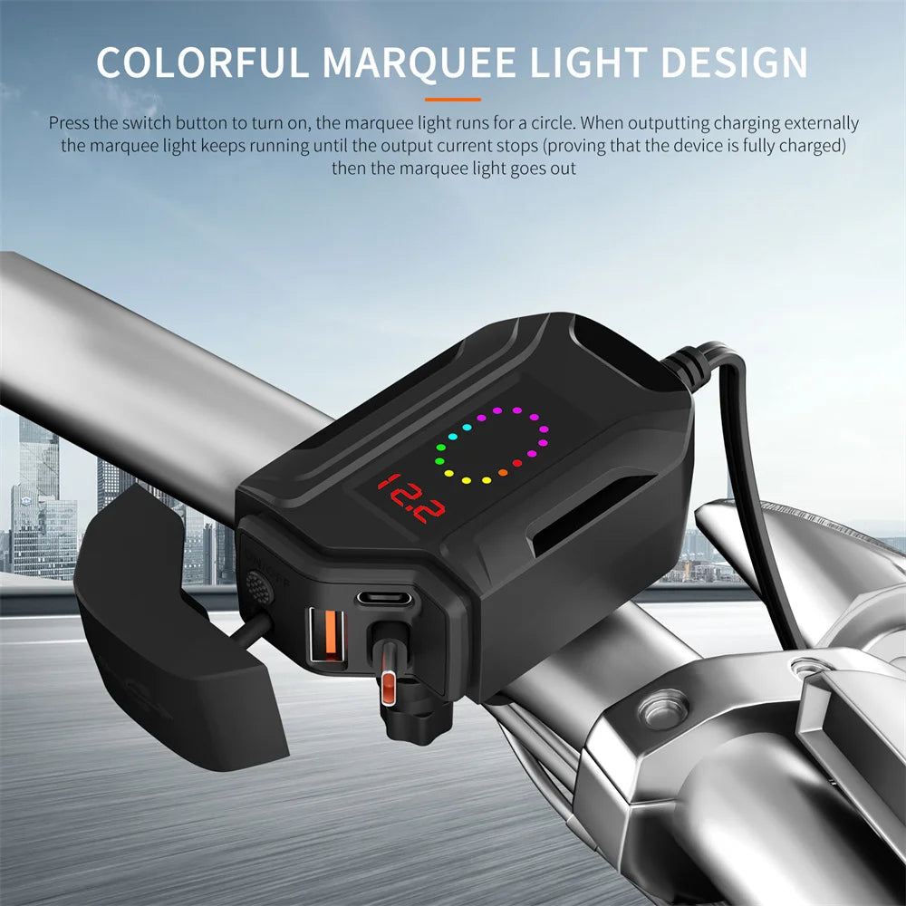 78W Motorcycle Quick Charger with Retractable Cable and Voltmeter - 12