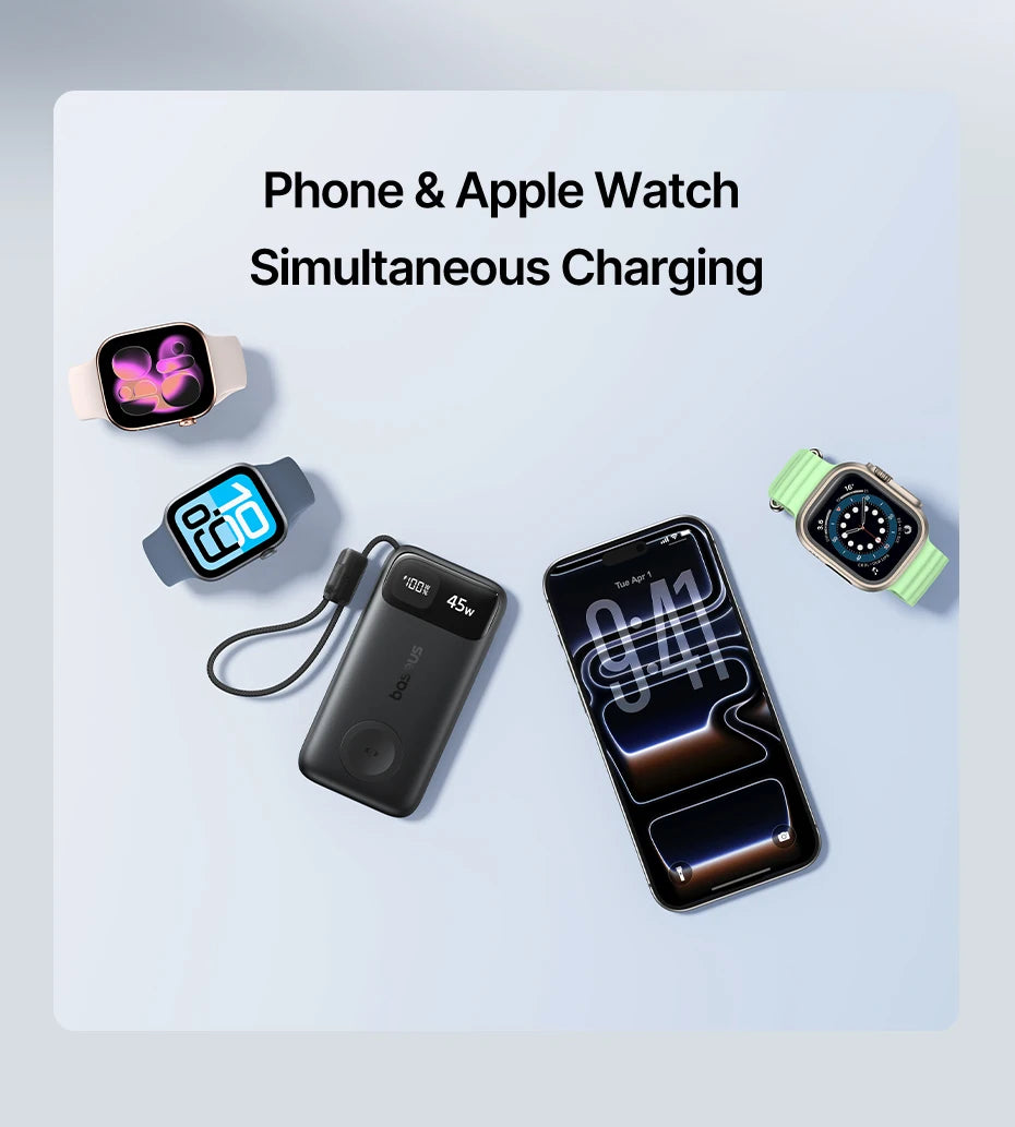 45W 10000mAh Portable Power Bank with Integrated Watch Charger
