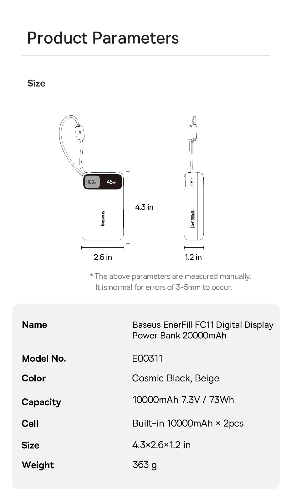 45W Fast Charging Power Bank with Dual Built-in USB-C Cables - 24
