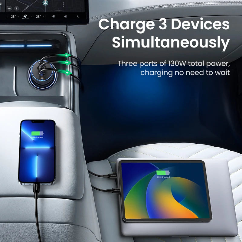 130W 3-Port Fast Car Charger for Laptops and Smartphones - 5