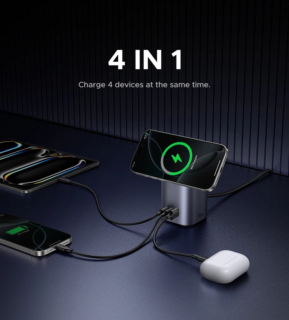 65W Desktop Charger with 15W Qi2 Magnetic Wireless Charging Stand