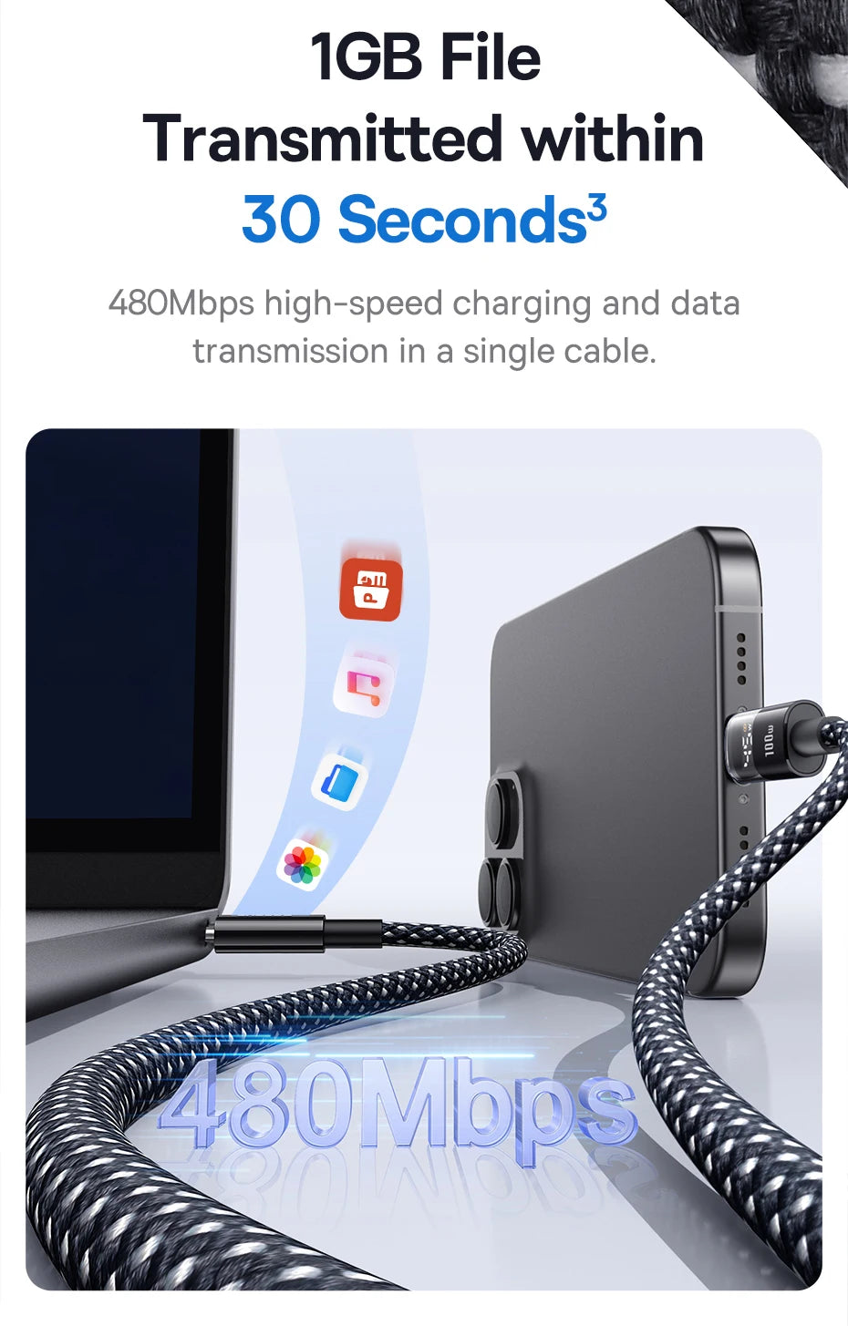 100W USB-C to USB-C Fast Charging Cable with LED Power Display