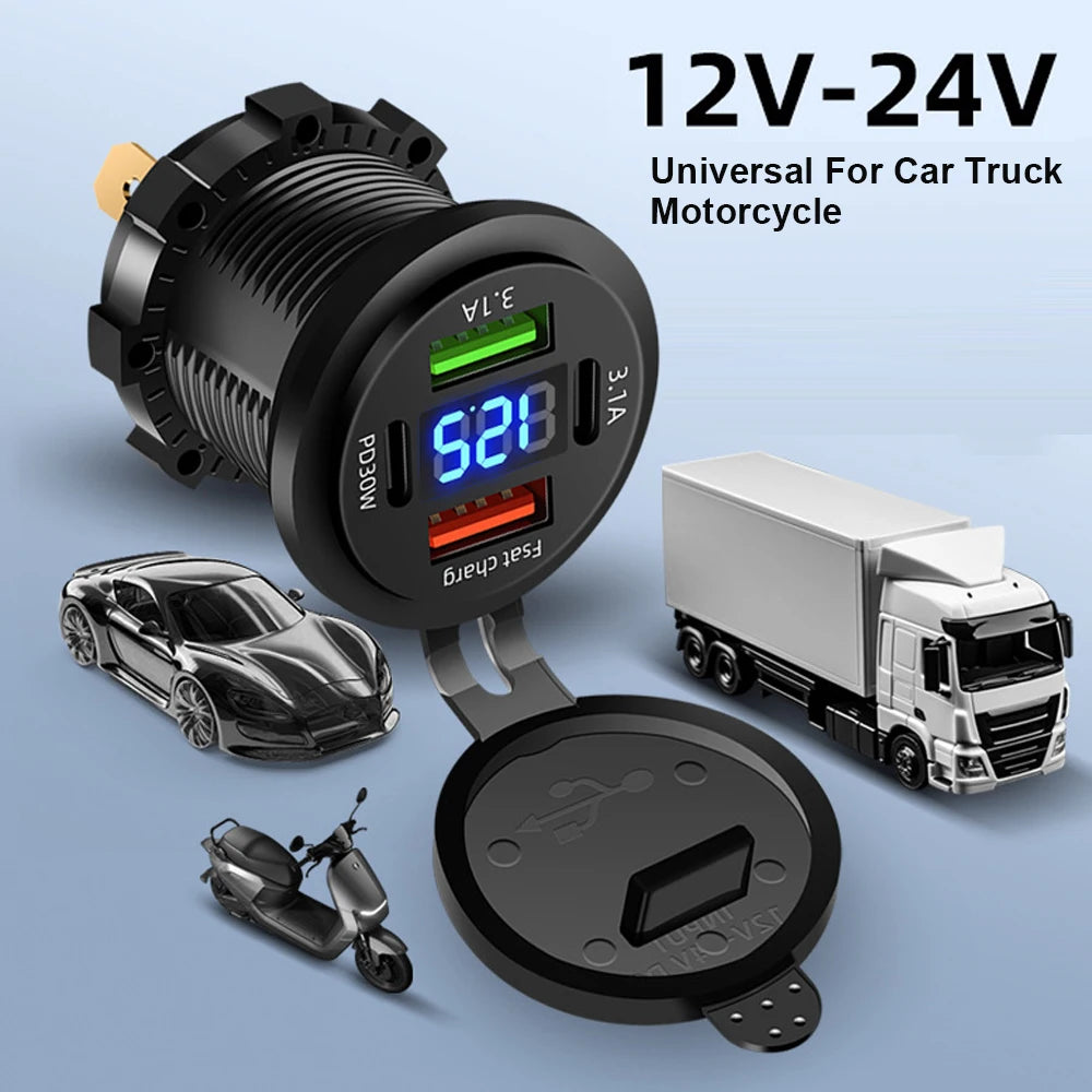 83W 4-Port Fast USB Car Charger Socket with Voltage Display