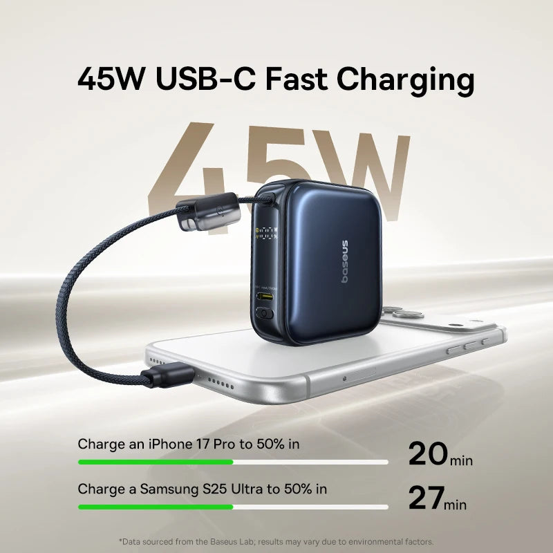 45W Mini Portable Power Bank with Built-in USB-C Cable 10000mAh