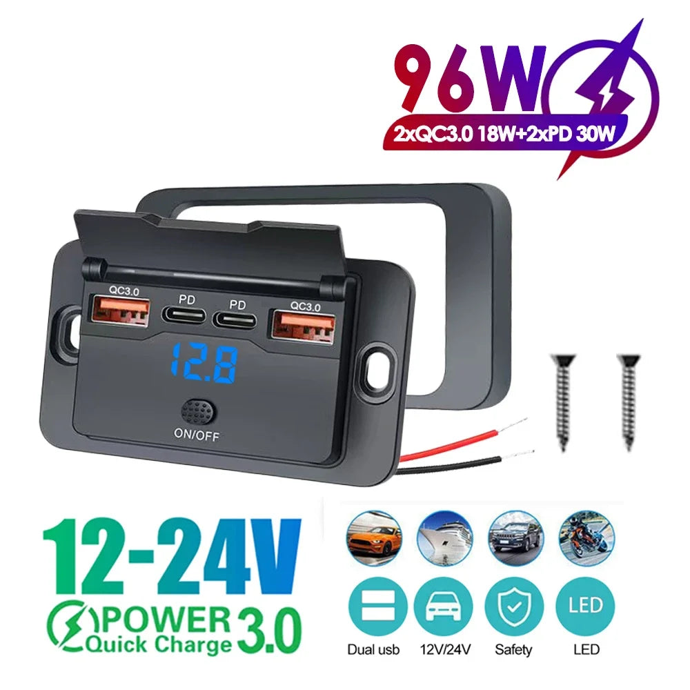 3 or 4 Port USB PD and QC3.0 Fast Charging Socket with LED Display