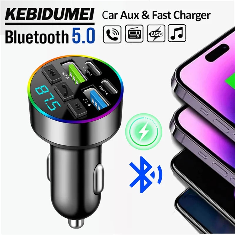 Bluetooth 5.0 FM Transmitter 66W 4 Port Car Charger Handsfree Adapter