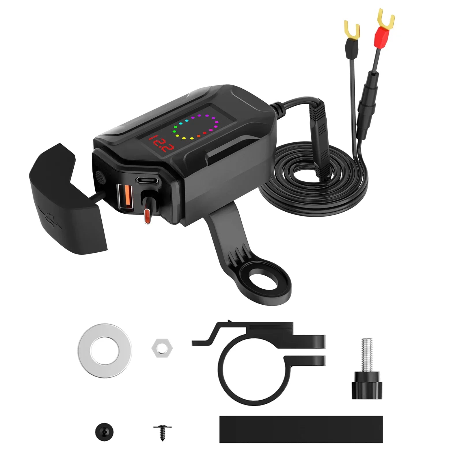 78W Motorcycle Quick Charger with Retractable Cable and Voltmeter - 23