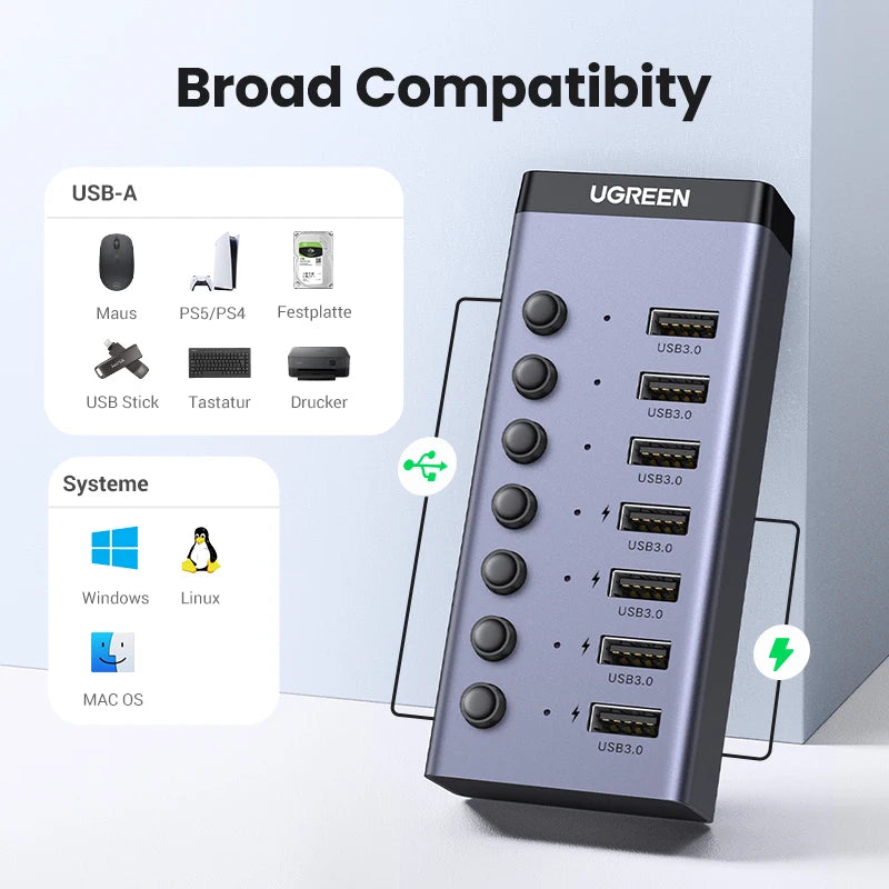 7-Port USB 3.0 Data Hub with Individual Switches and Power Adapter